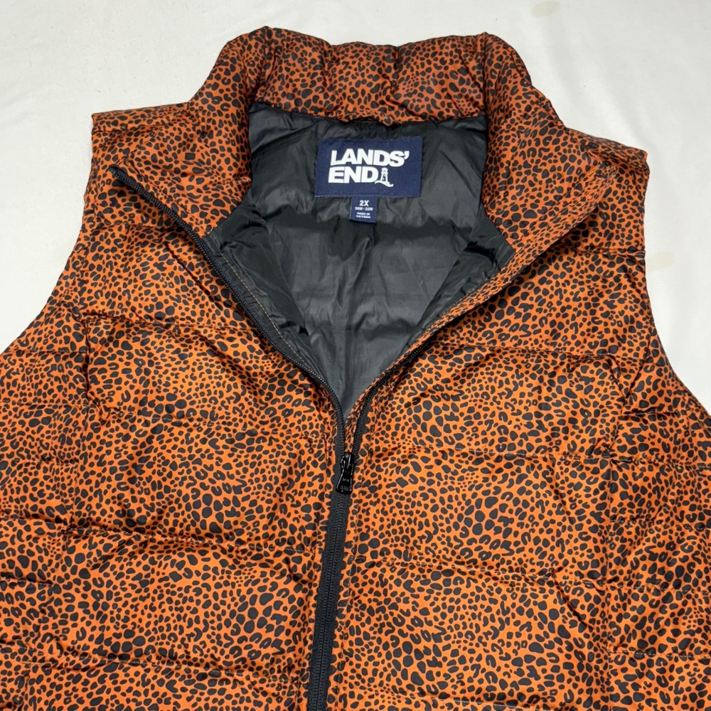Lands End Puffer Vest Womens 2X Rust Leopard Print Down Fill Quilted Outerwear